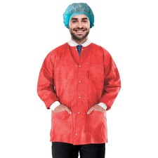 Red Disposable Lab Jackets SMS Snaps Front Knit Cuffs 100 Count Medium 30 in