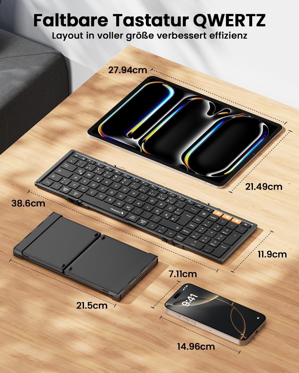 ProtoArc XK01 Faltbare Tastatur Klappbar mit Ziffernblock Wiederaufladbare ...