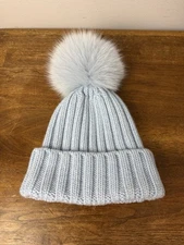 Nima 1708 Women's Blue Wool Pom Beanie Hat EUC Italy Shadow Fox