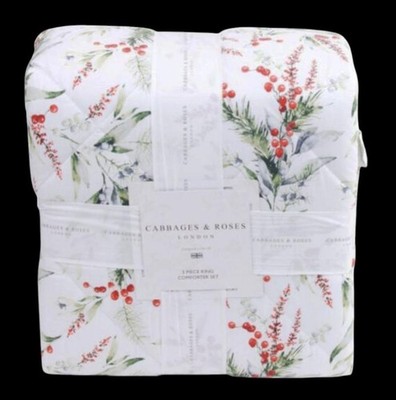 3-Pc Cabbages & Roses Christmas Foliage Fir Ruby Berries Queen Comforter Set