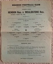 Hendon Reserves v Wealdstone Reserves Athenian League 19th March 1960 Team Sheet
