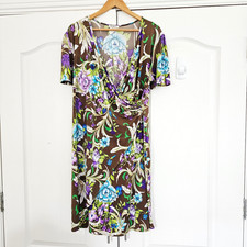 Kim Co Dress Size 2XL Multi Froral Knee Length Jersey Stretch Ruched Faux Wrap