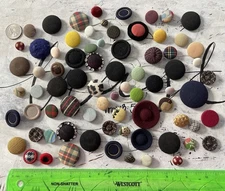 Vintage Fabric Covered Buttons Lot Of 75 Various Sizes Colors Patterns Etc.
