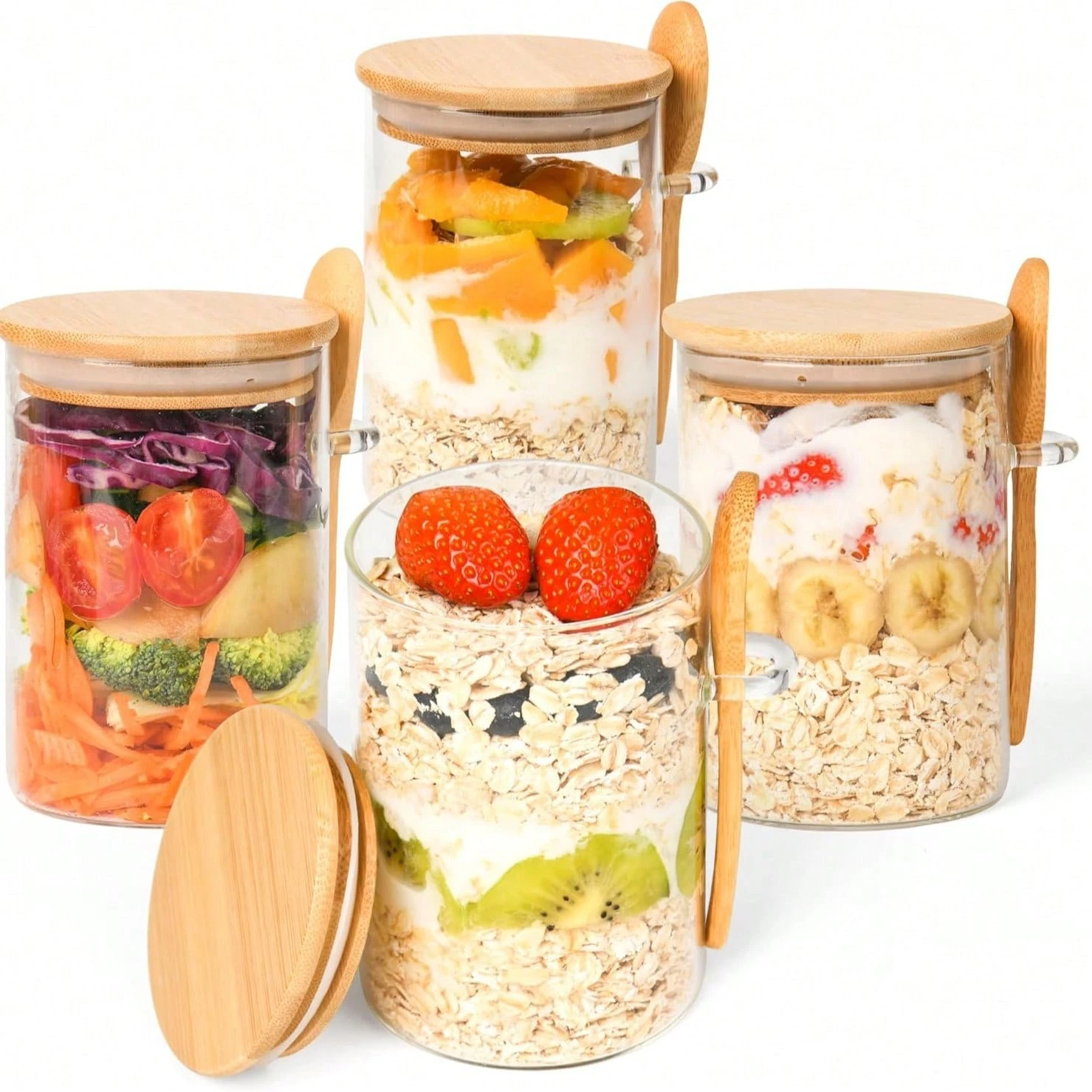 4pcs 16oz Overnight Oats Jars with Lids & Spoons – Meal Prep & Storage