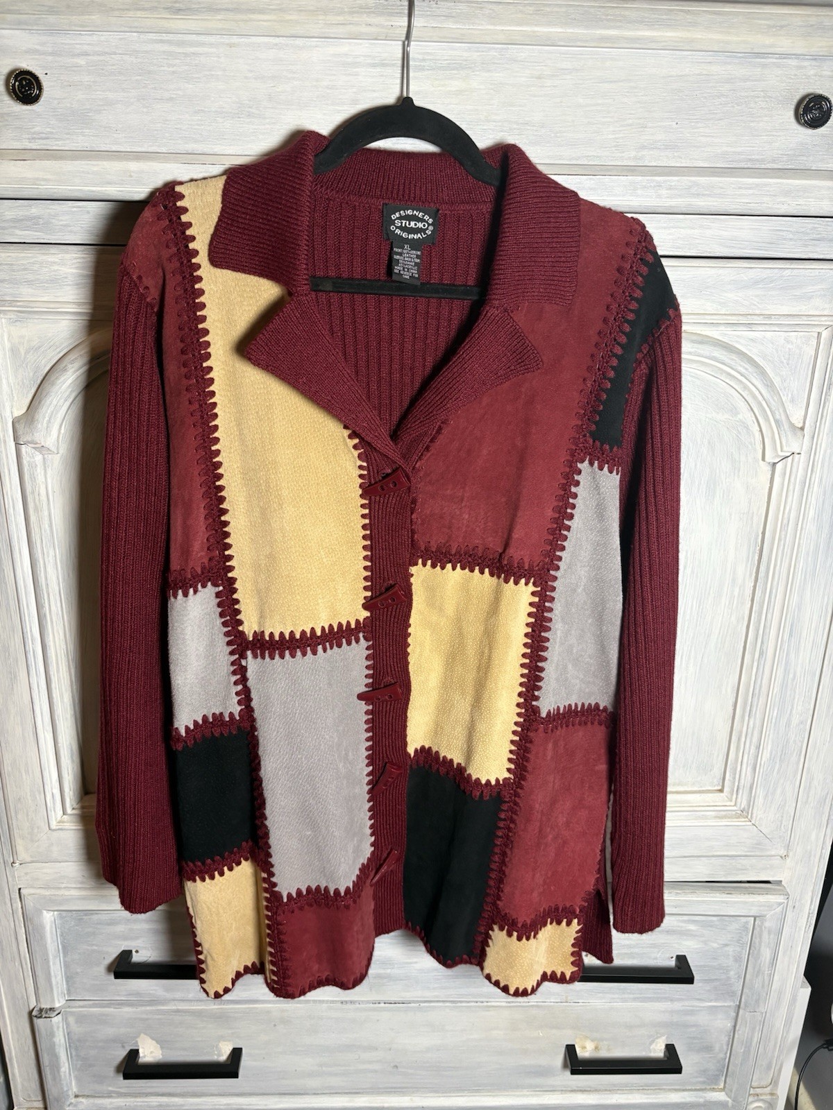 Vintage Leather Patchwork Burgundy Toggle Artsy W… - image 1