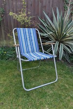 Vintage 1970s Retro Blue Striped Folding Garden Chair Deckchair MCM Wood Arms