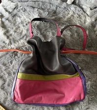 ILI New York Leather Color Block Purse Drawstring Handbag Multicolor Bright