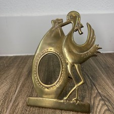 Vintage Brass Stork Baby Photo Frame Picture Holder Desk Decor Patina MCM