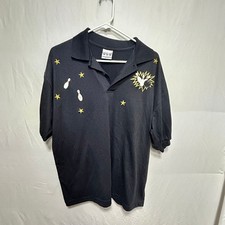Vintage Print-Ons Bowling Polo Shirt Black Embroidered Stars and Pins Large
