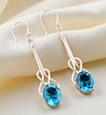 Swiss Blue Topaz Gemstone 925 Sterling Silver Handmade Jewelry Earrings 1.76"
