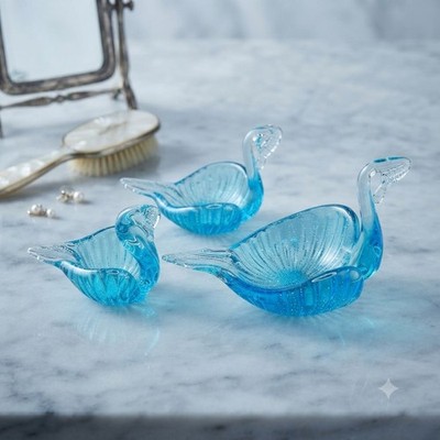 Vintage Blown Glass Nesting Swans Set Blue Turquoise Art Glass Figurines w/ Glow