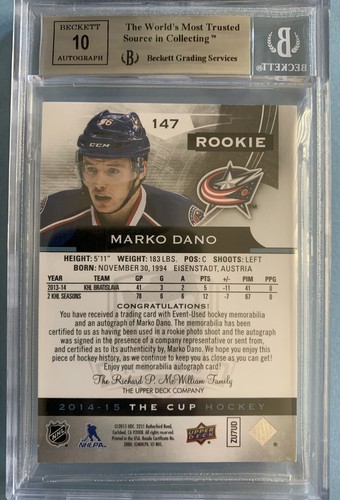 2014-15 Marko Dano The Cup Rookie Auto Patch RC #147 Ser#170/249 BGS 9/W/10 Auto - 第 4/7 張圖片