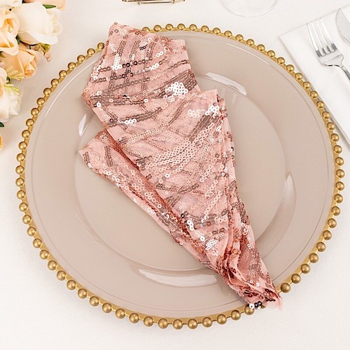 20" x 20" BLUSH Tulle Net Fabric NAPKIN Wavy Embroidered Sequins Party Events