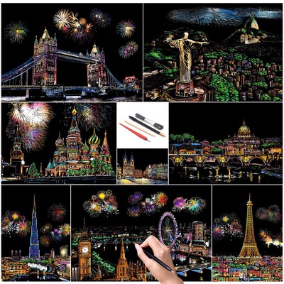 Scratch Paper Rainbow Painting Sketch City Series Night SceneScratch Painting...