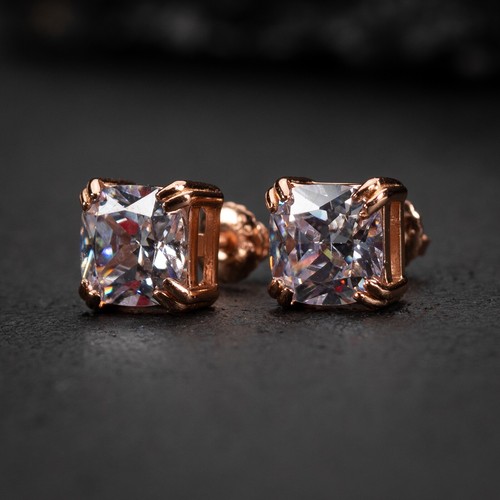 Rose Gold Plated 925 Sterling Silver Cushion Cut Screw Back Stud Earrings - Picture 2 of 6