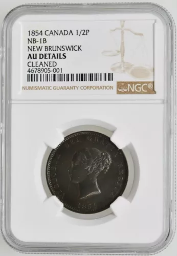 1854 Canada 1/2 Penny NB-1B New Brunswick NGC AU Details 
