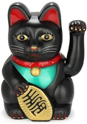  Feng Shui  BECKONING CAT Wealth Lucky Waving Kitty Maneki Neko BLACK 6 inch