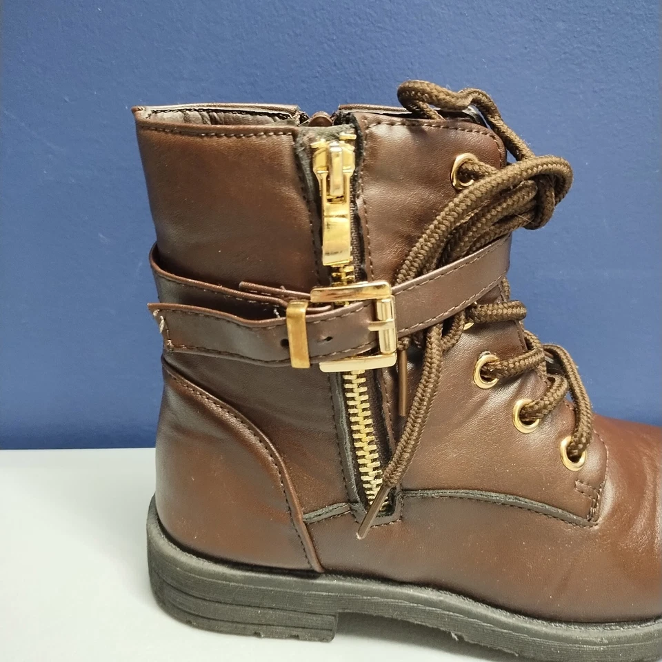 Botas al Tobillo Lucky Top Combat Jóvenes Niñas Talla 1 Cuero Marrón Punta Redonda Con Cordones Foto 4 de 4