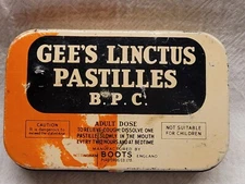 VINTAGE GEE'S TIN LINCTUS PASTILLE HINGED LID EMPTY TIN 