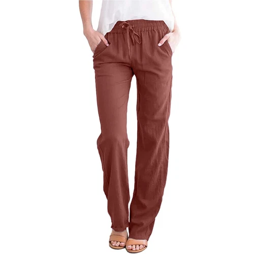 Damen Gerade Elastische Taille Hose Kordelzug Baumwolle Leinen Freizeit Lockere Hose - Bild 39 von 43