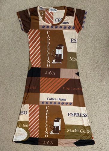 Rare! 1970s novelty 'COFFEE' dress Wayne Rogers, NYLON, vintage, 70s, MEDIUM