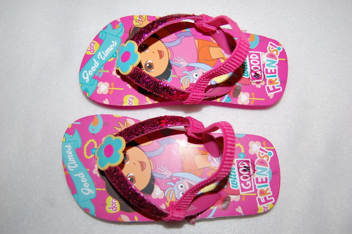 Toddler Baby Girls DORA FLIP FLOPS Pink Glitter AQUA FLOWER Ankle Strap M  7-8