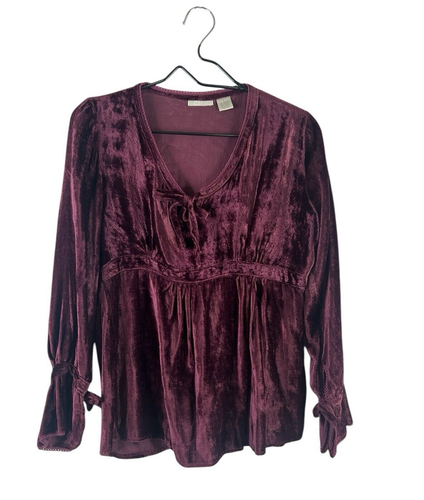 Y2K Velvet Babydoll Top Womens S Wine Tie Front Fairy Whimsigoth Renaissance - Picture 2 of 11