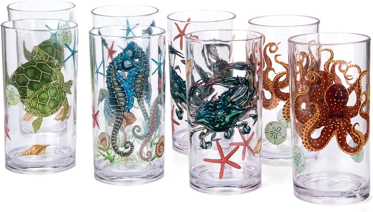 Sea Ocean Life 20-Ounce Plastic Tumbler Drinking Glasses, Set of 8