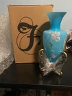 Fenton Glass Landmark Collection Vase on Stand Bird Flowers Teal With Box New