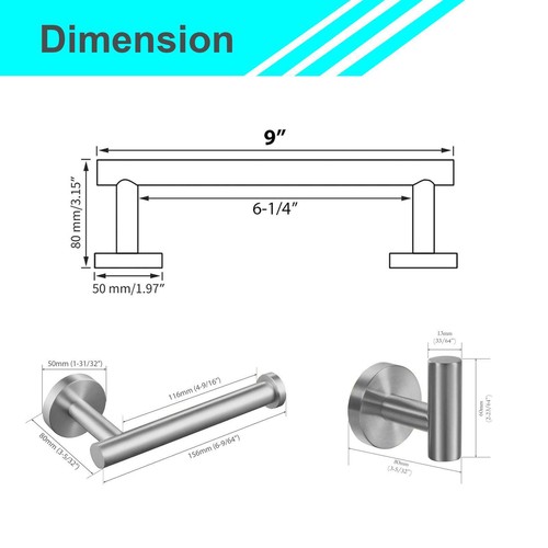 3pc Brushed Nickel Bathroom Hardware Set Wall Mounted Towel Toilet Paper Holder - Picture 7 of 11
