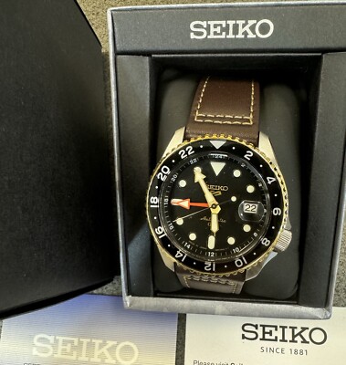 Seiko 5 Sports Automatic GMT Leather Band Black Dial Watch SSK036