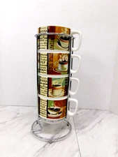 Stackable Coffee MUGS w/ Stacking Rack Set of 4 cups by Cypress Home HTF Pattern