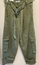 Labijou Pants Cargo Y2K Style Olive Thick Weight Pleated Women's Size M NEW Belt