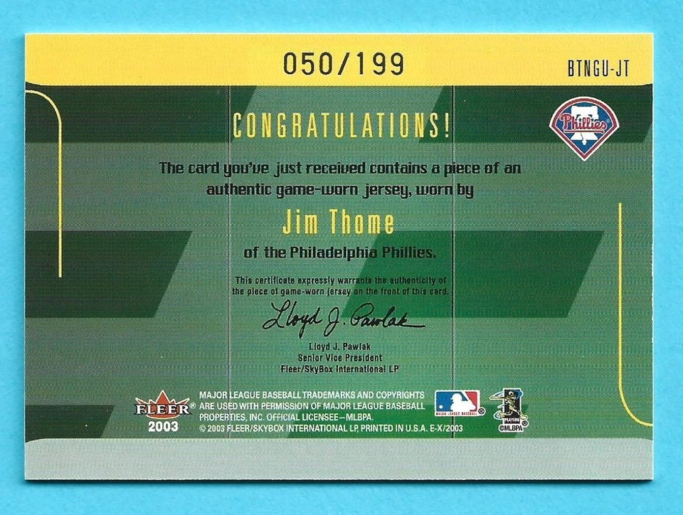 JIM THOME 2003 E-X Behind The Numbers Game-Used Jersey #JT Phillies #d 050/199 - Image 2 of 2