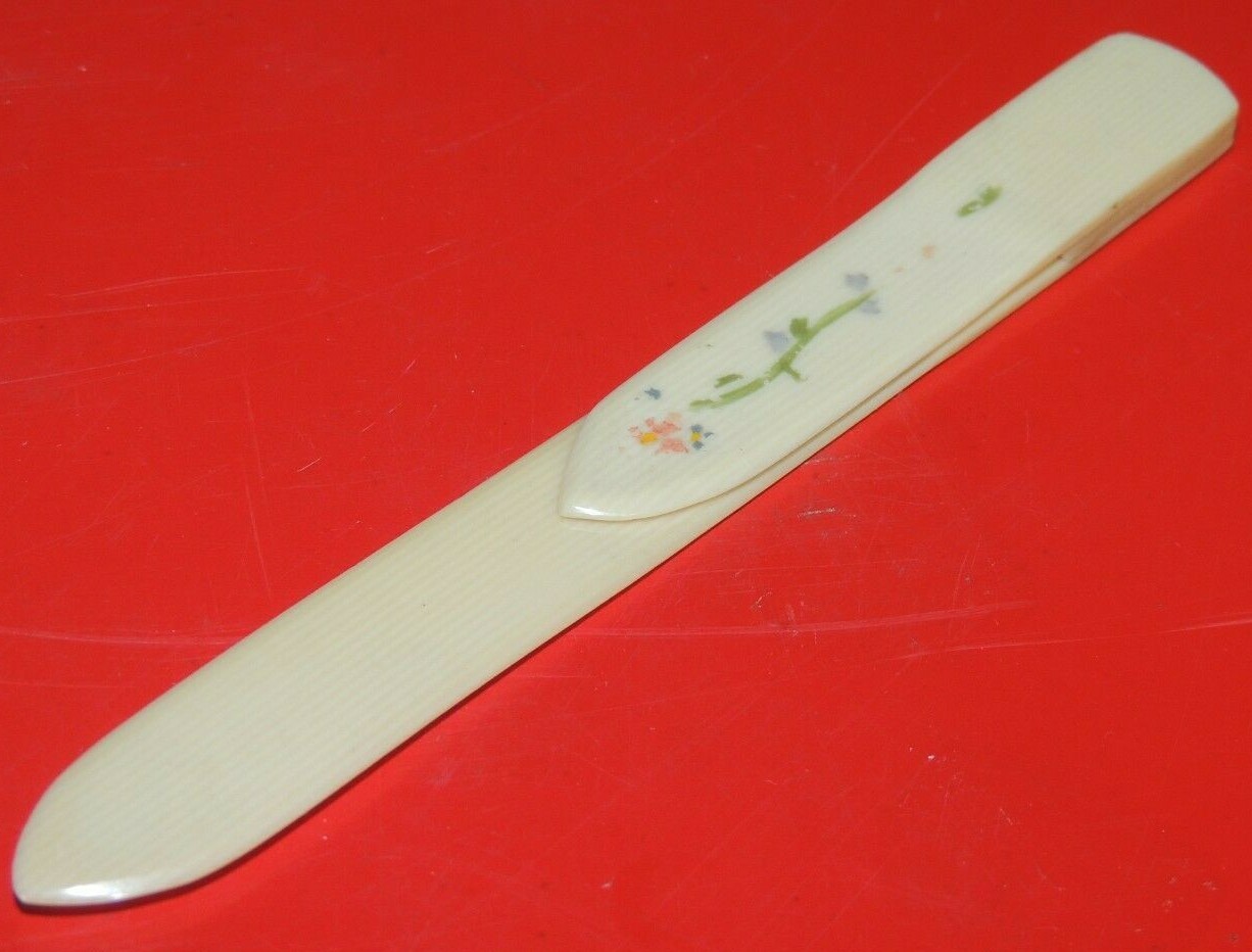 Antique French Ivory Celluloid Letter Opener / Bookmark 4.5" floral