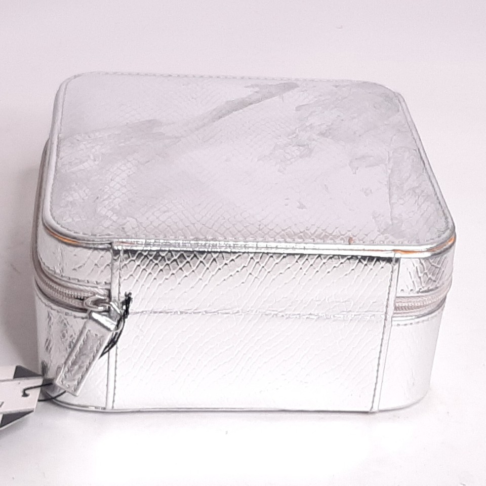 Zip Up Soft Cover Silver Jewelry Box Black Velvet Mirrored Interior 6x6