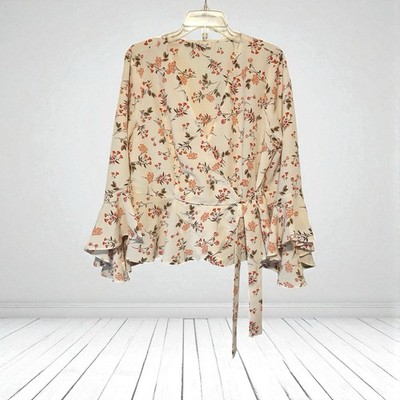 MERAKI FAUX WRAP PEPLUM SIDE TIE HIPPY BOHO MOD 3/4 FLUTTER ELASTIC SLEEVE XL