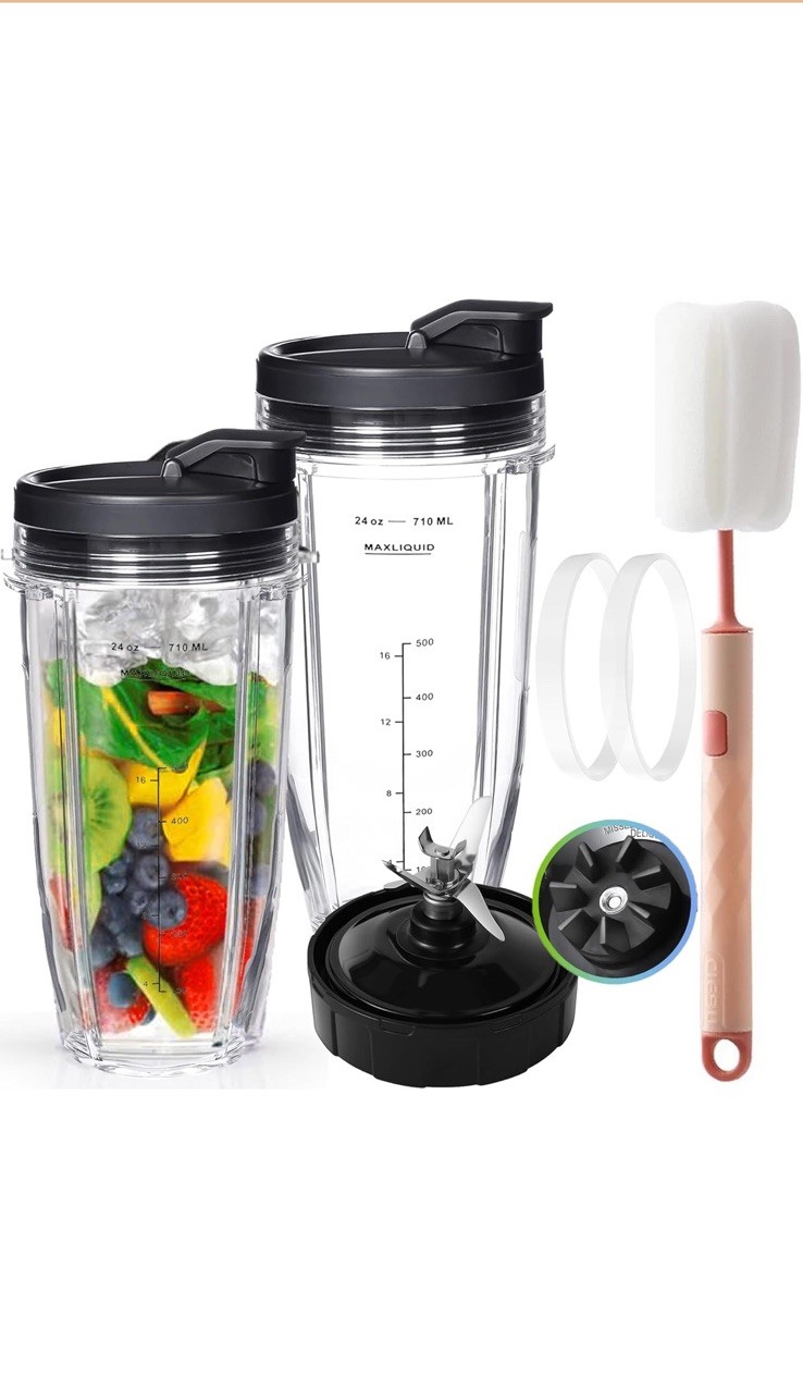 2025 Upgrade 2 * 24Oz Ninja Blender Cups Replacement with 2*To-Go and 7 Fins Ext