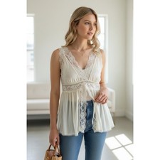 Lace Y2K Babydoll Cami XS Ivory Sheer Open Front Coquette Fairy Romantic