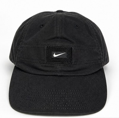 Vintage Nike Patch Hat Black Adjustable Hook Loop Strap Swoosh Y2K