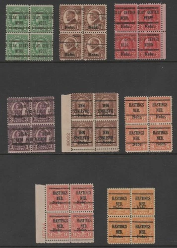 1929 NEBR Overprint Sc 669/679 8 MNH (10c NG) Nebraska Precancel Blocks of 4