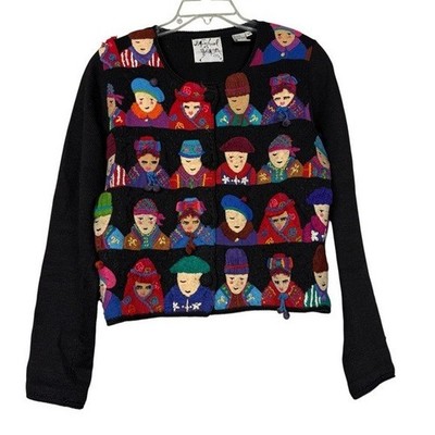 Michael Simon 90 s Rare Vintage People Graphic Patch Cardigan Sweater