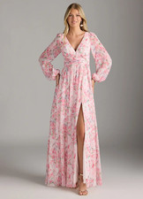 NWT Azazie Norah Watercolor Floral A-Line V-Neck Long Sleeve Chiffon SIZE 28 A28