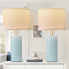 Set of 2 Modern 20" Blue Ceramic Table Lamps for Living Room  Bedroom