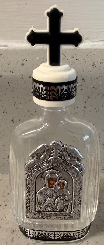 ~ANTIQUE GLASS HOLY WATER BOTTLE WITH MADONNA AND CHILD AS WELL AS CROSS LID~