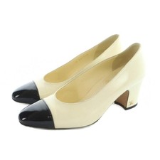 Chanel Pumps Chunky Heel Enamel Ivory Black Women's Size EU35/US4.5