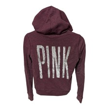 Y2K Victorias Secret PINK Sequin Hoodie Size Small Bling Logo Red Full Zip FLAWS