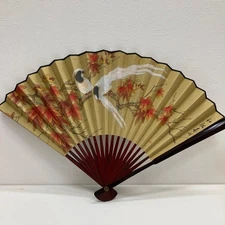 Bird and Autumn Leaves Fan, Wooden Handle, Beige & Red, Wall Decor, Used