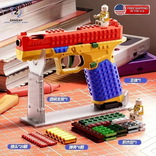 Building Block Pistol Shell Ejecting Continuous Firing Soft Bullet Toy ...