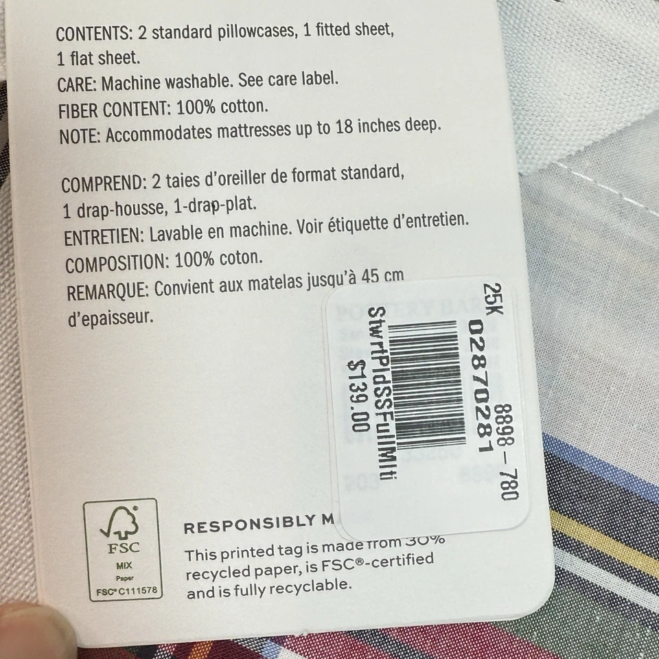 JUEGO DE SÁBANAS A CUADROS POTTERY BARN STEWART, COMPLETO ~ ALGODÓN PERCAL ORGÁNICO ~ NAVIDAD Foto 4 de 4